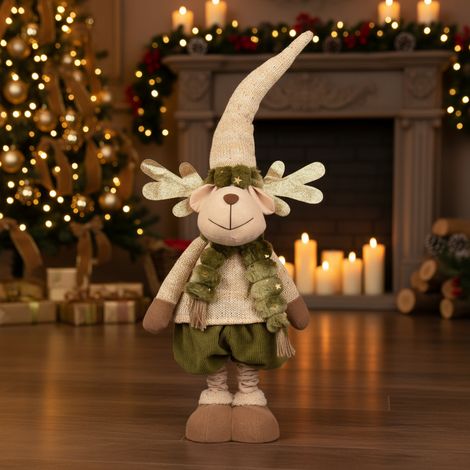 Pupazzetto di renna per decorazioni natalizie beige con dettagli verdi, da h 98 cm -Femmina (1/4)