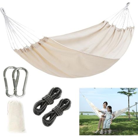 Single Outdoor Hanging Hammock - Beige, 1 Piece Canvas Outdoor Hammocks for Patio, Balcony, Garden and Outdoor Camping with Storage Bag, Carabiner Straps (1/5)