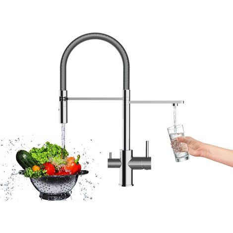 Mitigeur de cuisine 3 voies – Bec orientable 360° – Douchette 2 jets pour eau chaude et froide – Laiton avec chromage solide – Vizio (1/5)
