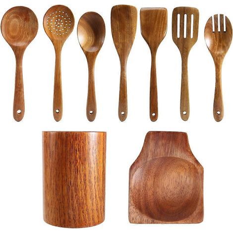 Lot de 9 cuillères en bois pour la cuisine, ustensiles de cuisine en bois -- (1/5)