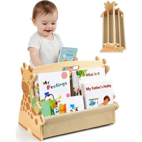 Bibliothèque Enfant Double Face - Étagère Livres Bois et Toile avec Poignée, Meuble Rangement Montessori Portable, Organisateur de Chambre et Salle de Jeux, Design Robuste et Sécurisé (1/5)