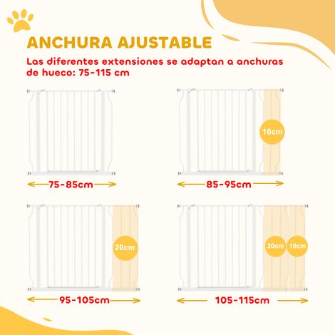 Ausziehbares Hundeschutzgitter (75–115 cm) für Tür- und Treppenaufgänge. Mit Verlängerungen. Klemmbefestigung mit doppelter Verriegelung. Weiß. (1/5)