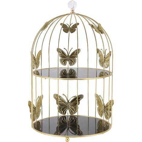 étagère rangement-Étagère à cosmétiques Cage dorée avec plateau double en verre pour salon bureau (24x37cm) (1/5)
