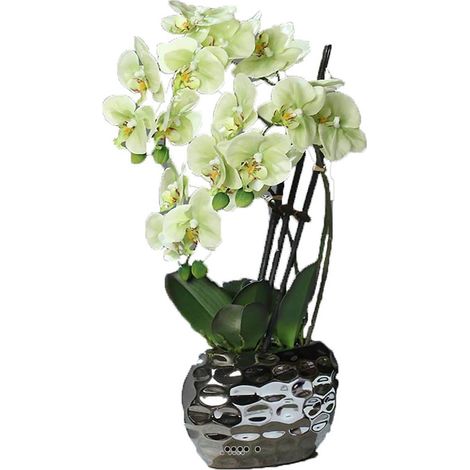 Orchidée factice 3 hampes en pot céramique Argent H55cm Crème vert - couleur: Crème vert