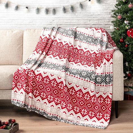Plaid de Noël - Polaire rouge festive à motif flocons de neige, douce et chaude, idéale pour le chalet ou la maison en hiver, 127 x 152 cm (1/5)