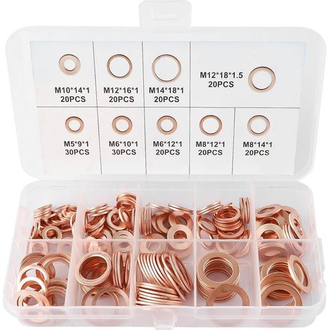 200 Pièces Joint Cuivre Vidange Rondelles Rouge M5 M6 M8 M10 M12 M14 Joint Torique Rondelles en Cuivre Assortiment Kit (9 tailles) (1/5)