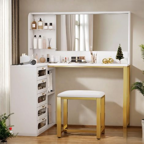 Coiffeuse 120 x 80 x 135 cm avec miroir à éclairage LED réglable - 5 tiroirs pour ranger les produits de beauté - Style scandinave–Blanc