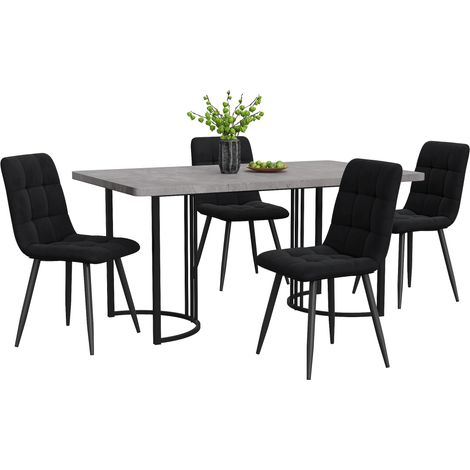 Table à manger 5 pièces 140 x 80 cm, ensemble avec 4 chaises en velours noir, plateau gris effet marbre, pieds métal réglables, pour cuisine et salle à manger  CHICFURN (1/5)