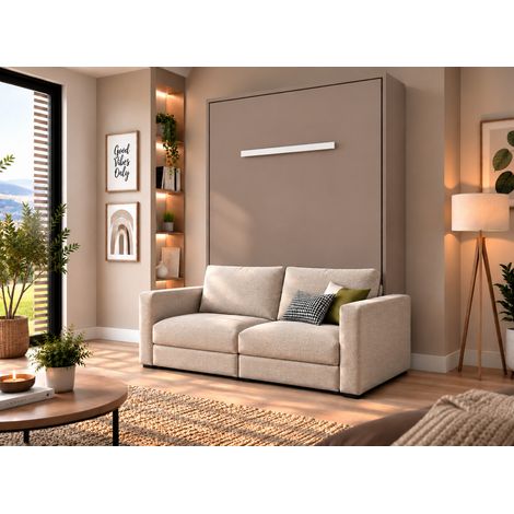 Lit escamotable vertical KIMBER avec canapé tissu intégré – Le salon le jour, un vrai lit la nuit Taupe Beige-90x190-Cadre Taupe-Façade Taupe-Canapé Beige (1/5)