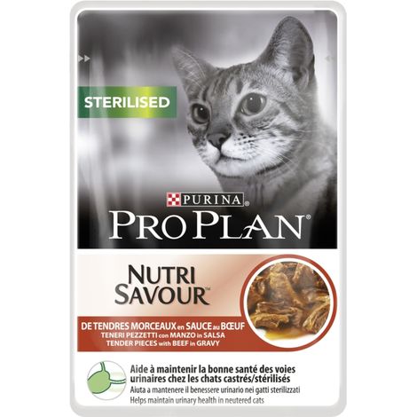pro plan sterilised, alimento umido per gatto, teneri pezzetti in salsa con manzo.