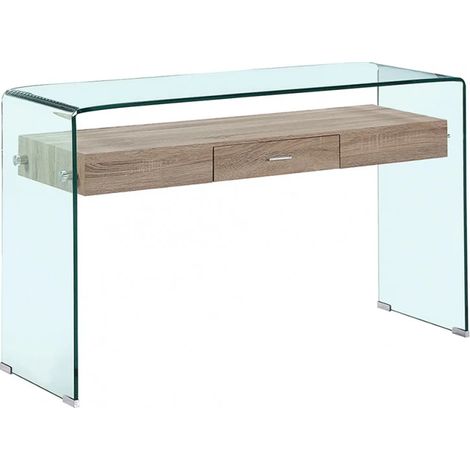 Console en verre trempé 125 cm avec tiroir décor chêne – Structure solide 12 mm – Design moderne pour salon ou bureau – Meubletmoi (1/5)