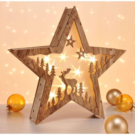 Lámpara decorativa 3D con forma de estrella en madera maciza con 10 LED de luz blanca cálida – Diseño moderno y cálido (1/4)