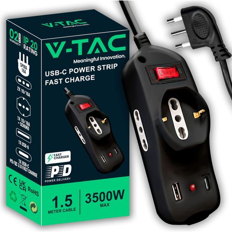 V-TAC Multipresa Elettrica USB C Power Delivery 20W + Porta + 2 Prese Laterali 10/16A Bipasso e 1 Frontale 10/16A Bipasso Schuko - Ciabatta Type-C - Presa per Casa, Ufficio