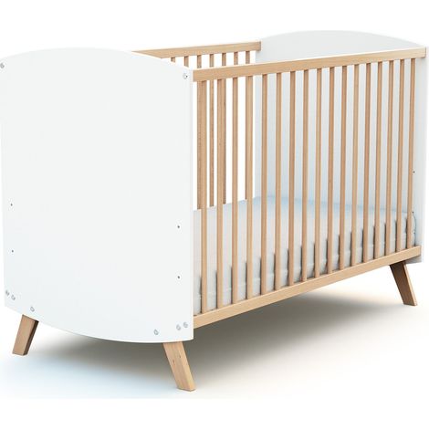 AT4 - Lit bébé en bois 60 x 120 cm SCANDINAVE Blanc et Hêtre (1/4)
