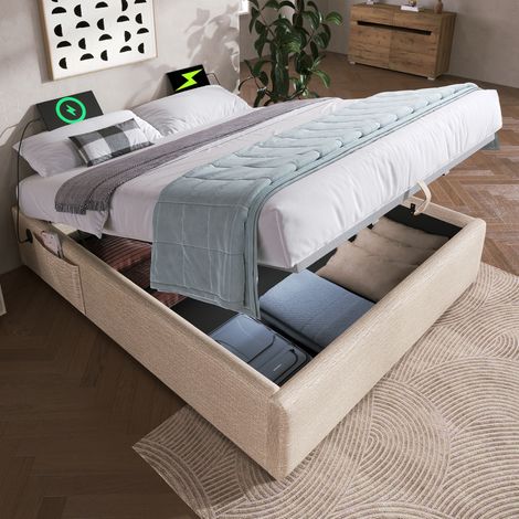 Cama con espacio de almacenamiento de lino beige y natural 140x200 cm con USB-C y base de madera maciza (1/5)