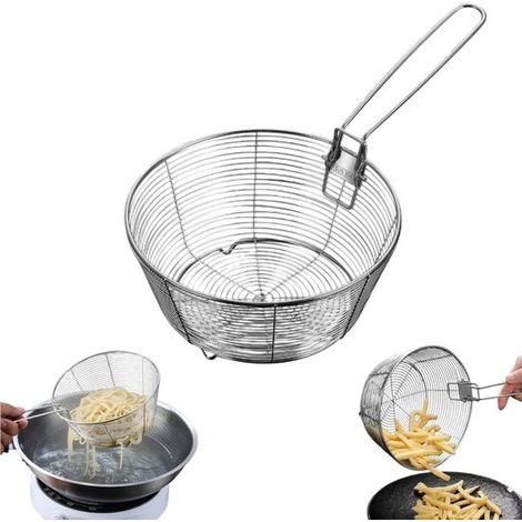 pieza, Cesta para freír de acero inoxidable, Colador de cocina multifuncional, Con mango desmontable, Plateado, 19,5 × 19,5 × 9,5 cm (1/5)
