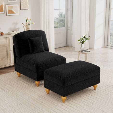 Sillón lounge clásico de chenilla cómodo con falda de volantes desmontable, patas de husillo y reposapiés móvil - Sofá suave y profundo para la sala de estar, negro. (1/5)