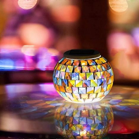 Lampe de table magique à lumière mosaïque solaire, lanterne sphérique étanche à changement de couleur en verre mosaïque pour jardin, pelouse, cour, terrasse (boule) (1/5)