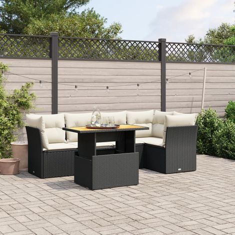 Canapé de Jardin Résine Tressée Noir 5 Pièces avec Coussins Blanc Crème et Table Réglable (1/3)