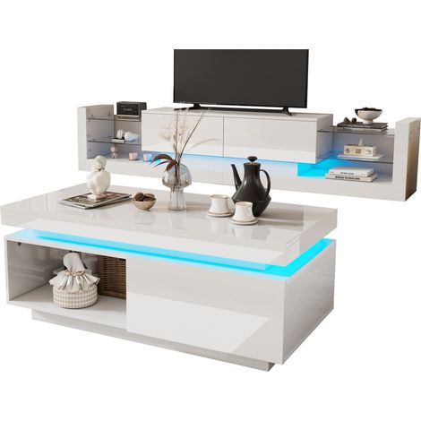 Conjunto de Mueble de TV con 1 Mueble de TV y 1 Mesa de Centro, Iluminación LED, para Salón Moderno, Tablero de Partículas, Blanco (1/5)