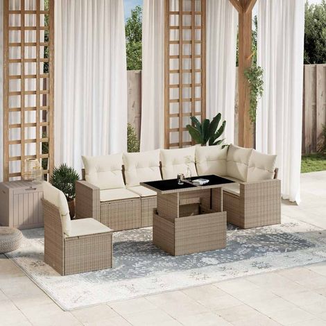 Salon de jardin 7 pièces en résine tressée beige avec coussins déhoussables – Table réglable 100x55 cm (1/5)