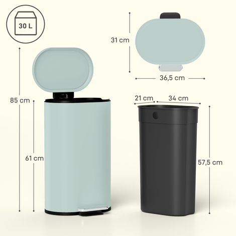 Poubelle ménagère 30L avec pédale métallique, couvercle à ouverture douce, vert, dimensions 36,5 x 31 x 61 cm, seau à déchets pour cuisine. (1/5)