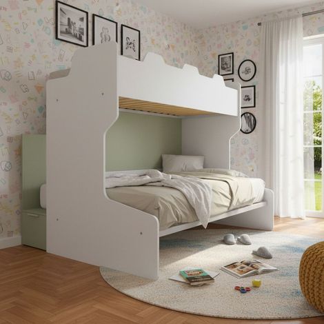 Letto a castello salvaspazio con scala contenitore - 1 Piazza e mezza + singolo - Bianco e Salvia (1/5)