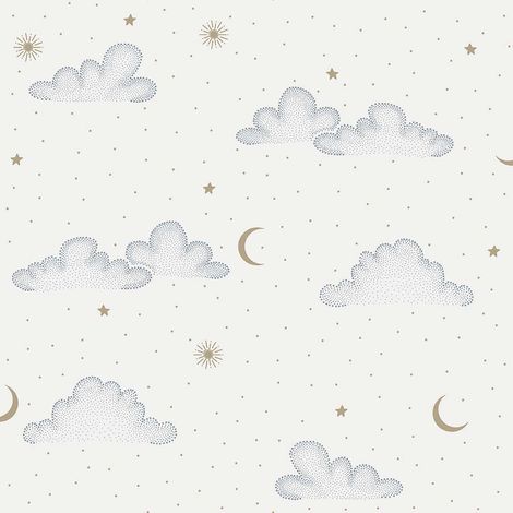 Papier peint nuages étoiles lune fond crème (1/2)