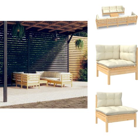 8-tlg. Garten-Lounge-Set mit Creme Kissen Massivholz Kiefer - Gartensessel - Lounge Set - Gartenmöbeln - Outdoor Möbel - Rattan Sessel (1/5)