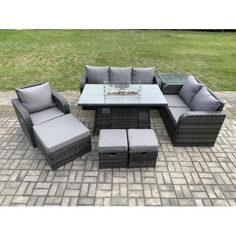 Fimous Polyrattan Gartenmöbel Set Garten Sofa im Freien Gasfeuerstelle Esstisch und Sofa Sessel set mit Beistelltisch 3 Hockern (1/5)