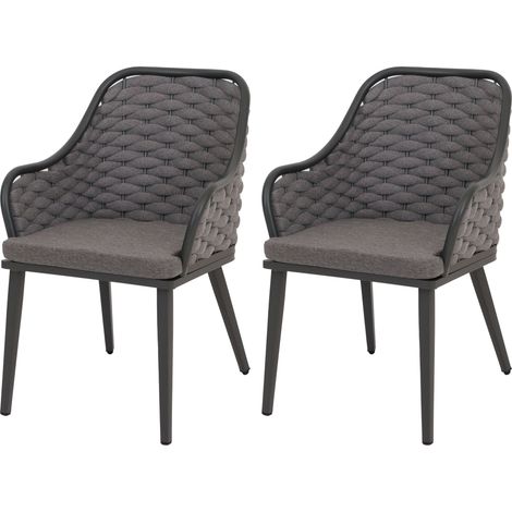 2er-Set Aluminium-Gartenstuhl HHG-761, Outdoor Stuhl Armlehne, Olefin Seilgeflecht Rope anthrazit Kissen dunkelgrau