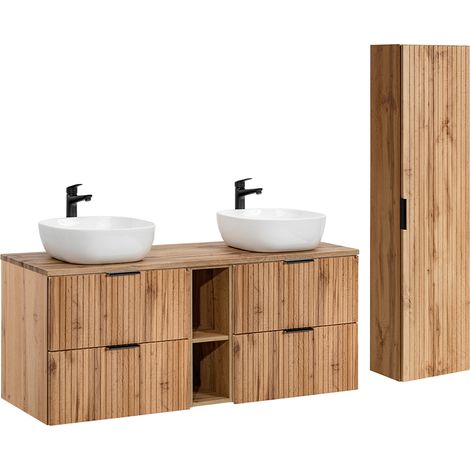 Petits-Meubles – Ensemble meuble double vasque 140 cm – 2 niches et colonne en panneaux mélaminés – Vasques en céramique – Installation murale recommandée (1/5)