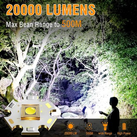 Lampe Torche LED Ultra Puissante 20000 Lumens Lampe de Poche Rechargeable USB C avec Lumière rouge,Lampe Tactique 8 Modes réglable Étanche Torche (1/4)