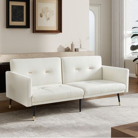 Sofa 2-Sitzer aus Samt in Beige, 2-in-1 Schlafsofa mit 2 separat verstellbaren Rückenlehnen, 5 Positionen, Metallfüße (1/5)