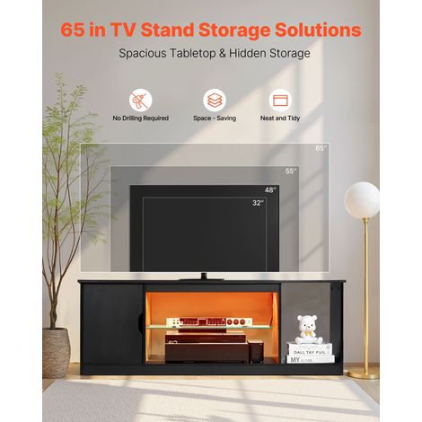 Meuble TV pour Télévision jusqu’à 165 cm, Banc TV Moderne en Bois, Centre de Divertissement avec Bande Lumineuse, Étagères en Verre… (1/5)