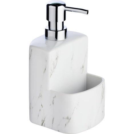 1 - Distributeur savon liquide - Porte éponge - Céramique effet marbre - Pour cuisine et salle de bain - Blanc - 10x18x10 cm