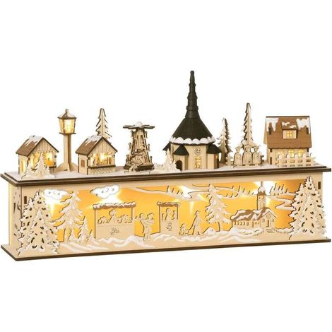Beleuchtetes Weihnachtsdorf aus Holz, Miniatur-Tischhaus mit 10 warmweißen LEDs – 45 x 10 x 25 cm