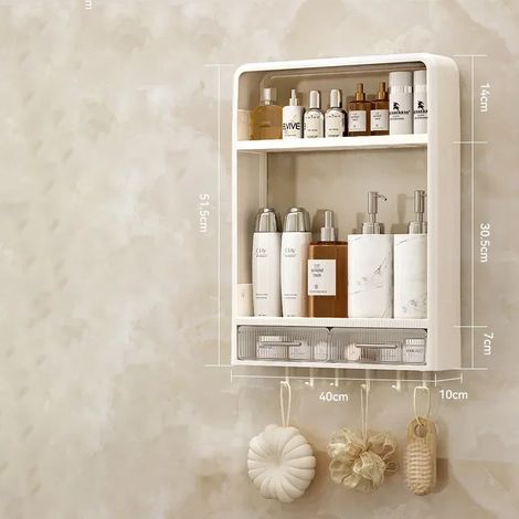 Étagère de rangement pour salle de bain (2 niveaux - crochets) - Table de toilette - Étagère murale non perforée pour produits de soin - Organisateur de salle de bain (1/5)