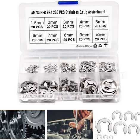 Circlip en acier inoxydable 304 – Lot de 200 pièces – Diamètres 1,5 à 10 mm – Résistant à la chaleur et à la corrosion – Pour applications industrielles-Muntra (1/5)