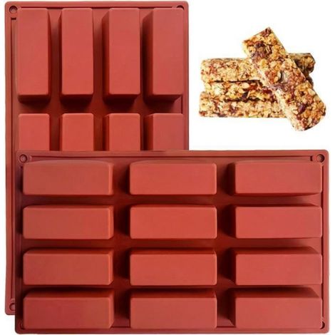 2 PCS Moule à barre, 12 cavités, Silicone rectangulaire, Anti-adhésif, Pour chocolat et céréales, Cuisine maison