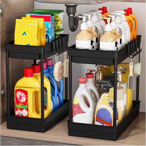 Lot de 2 étagères de Rangement sous évier – Rangement et Organisation de Cuisine à 2 Niveaux – Étagère Multifonction pour Cuisine et Salle de Bain, Noir (1/5)