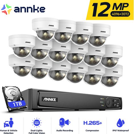 ANNKE 12MP PoE Videoüberwachungsset Außen,16 x 12MP Dome Kameras PoE IP Farbnachtsicht,24/7 Videoüberwachung,1TB HDD (1/5)
