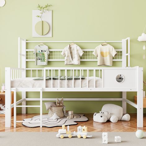 Lit pour enfants 90200 cm,lit mezzanine bas avec cadre métallique et compartiments de rangement,adapté aux enfants et aux adolescents. Blanc (1/5)