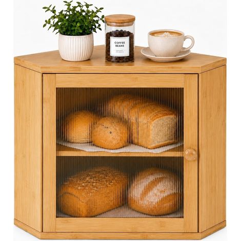 Boîte à pain d'angle pour comptoir de cuisine, boîte de rangement à pain en bambou de grande capacité, boîte à pain à deux couches avec porte fenêtre, support à pain fait maison (1/5)