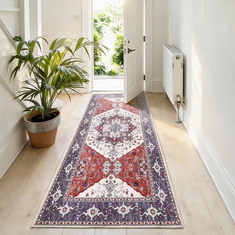 Tapis de couloir vintage, lavable, style bohème, à poils courts, petit tapis de salon, antidérapant, pour descente de lit, décoration, chambre à coucher, chambre d'enfant, rouge, 80 x 150 cm (1/5)