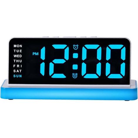 Réveil numérique LED grand écran veilleuse 3 niveaux réglable affichage multifonction heure chevet alimentation externe bleu (1/5)
