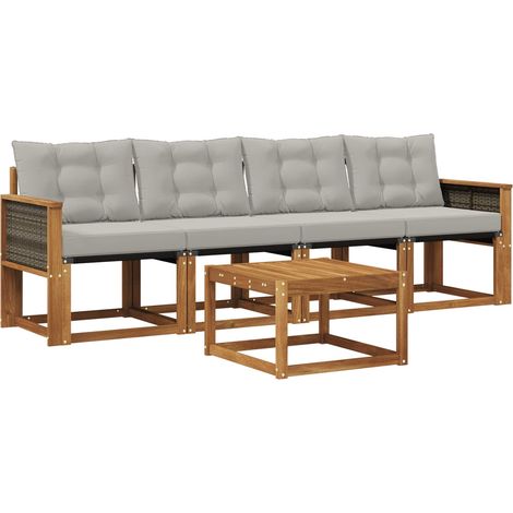 Set di divani da esterno 5 pz  Salotto da Giardino Naturale e Grigio Chiaro (1/5)