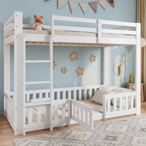 Lit superposé bois 90 x 200cm, pin+LVL, escalier angle droit, rampe porte, protection chute, espace libre blanc