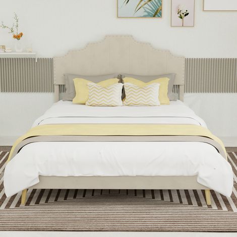 Bett 140 x 200 cm – Bettrahmen mit niedrigem Lattenrost, Kopfteil – Matratze nicht im Lieferumfang enthalten – modern-minimalistisch – aus beigem Stoff