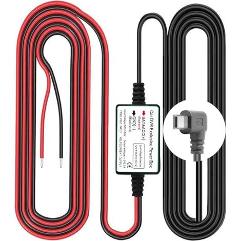 Kit de Câblage pour Caméra Embarquée, Port Connecteur Mini USB L, Protection Basse Tension Caméras Embarquées, DC 12V–24V à 5V/2.5A, Câble Chargeur Voiture avec Fusible (1/5)